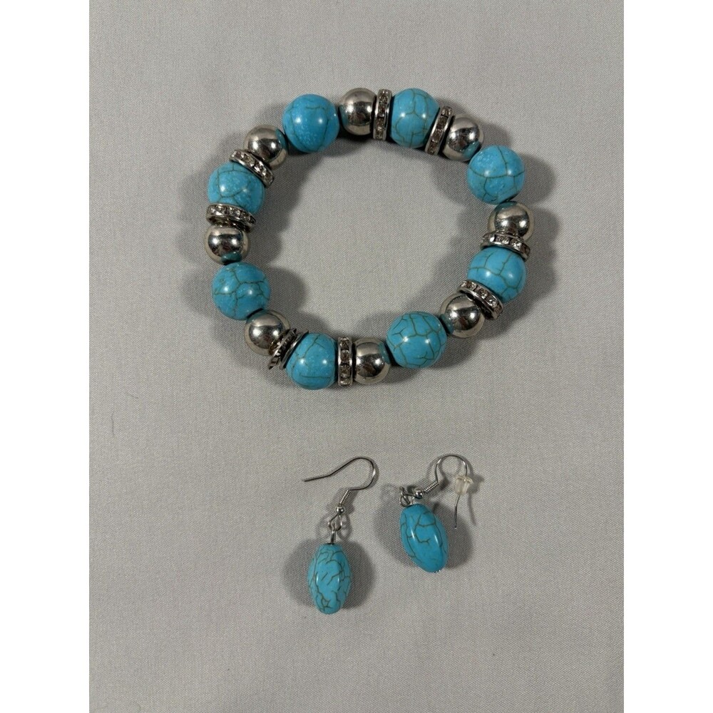 VTG FAUX Blue TURQUOISE  Bracelet & Earring Set Silver Beads Stretch